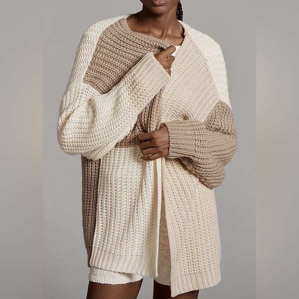 Anthropologie Porridge Cream Tan Beige Brown Colorblock Open Front Cardigan OS